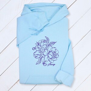 Embroidered Peony Hoodie: Custom Line Art Floral Sweatshirt Light Blue
