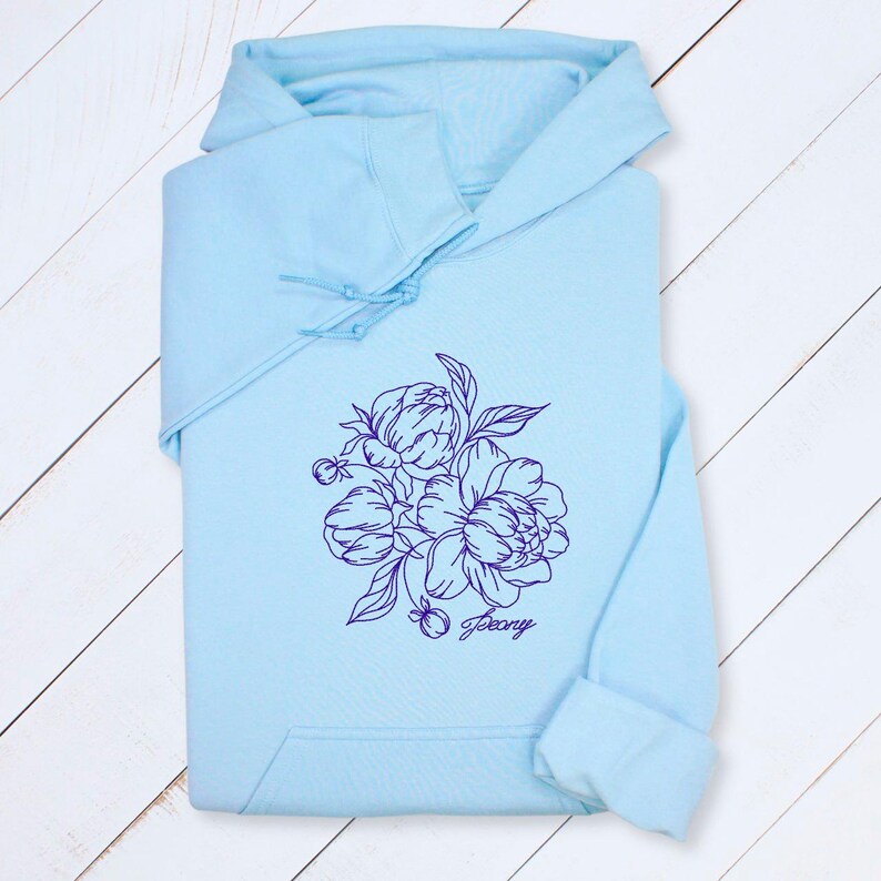 Embroidered Peony Hoodie: Custom Line Art Floral Sweatshirt Light Blue