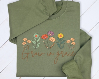 Grow in Grace スウェットシャツ/パーカー – レトロな花柄のクリスチャンアパレル、信仰の言葉のギフト、女性とティーン向けの心地よい宗教的な秋の装い