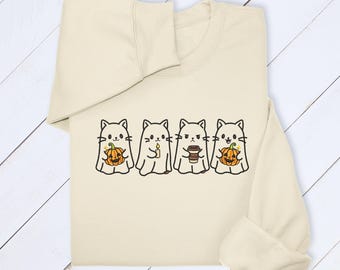 Ghost Cat Embroidered Hoodie: Spooky Halloween Sweatshirt