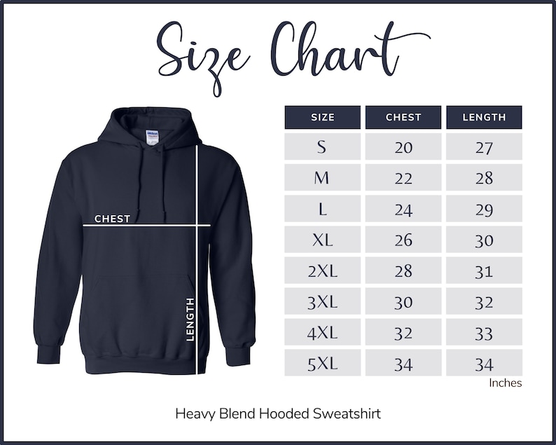 Peut inclure: Tableau des tailles pour un sweat &agrave; capuche en m&eacute;lange lourd. Le tableau indique les tailles du S au 5XL avec les mesures de poitrine et de longueur correspondantes en pouces.