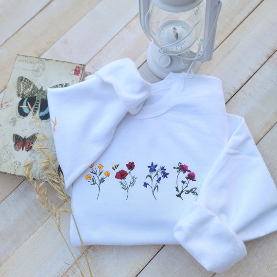 Embroidered Wildflower Sweatshirt: Unisex Botanical Crewneck