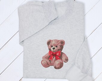 Teddy Bear Embroidered Sweatshirt & Hoodie, Cute Plush Toy Design, Cozy Red Bow Gift, Soft Aesthetic Loungewear, Whimsical Embroidery Outfit