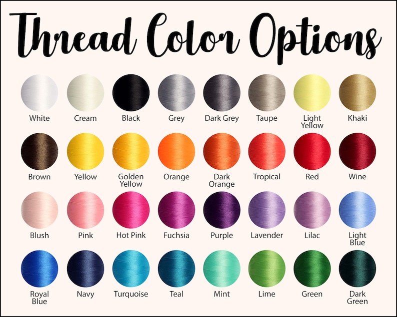 May include: A chart showing 30 different thread colors for embroidery. The colors are arranged in rows and labeled with their names. The colors include white, cream, black, grey, dark grey, taupe, light yellow, khaki, brown, yellow, golden yellow, orange, dark orange, tropical, red, wine, blush, pink, hot pink, fuchsia, purple, lavender, lilac, light blue, royal blue, navy, turquoise, teal, mint, lime, green, and dark green.