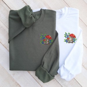 Red Amanita Mushroom Embroidered Hoodie & Sweatshirt - Cottagecore Mushroom Design, Nature Lover Crewneck Gift, Forest Inspired Top!
