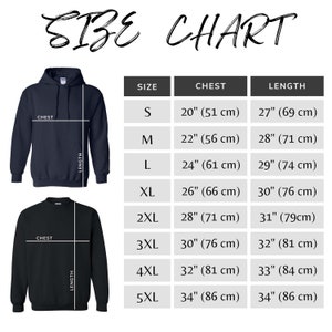 May include: Size chart for hoodies and sweatshirts. The chart shows chest and length measurements in inches and centimeters for sizes S through 5XL.
