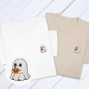 Halloween Ghost T-Shirt with Pumpkin, Cute Spooky Embroidered Tee for Fall & Halloween Season