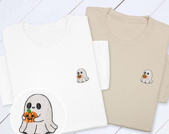 Halloween Ghost T-Shirt with Pumpkin, Cute Spooky Embroidered Tee for Fall & Halloween Season