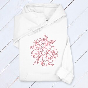 Embroidered Peony Hoodie: Custom Line Art Floral Sweatshirt White