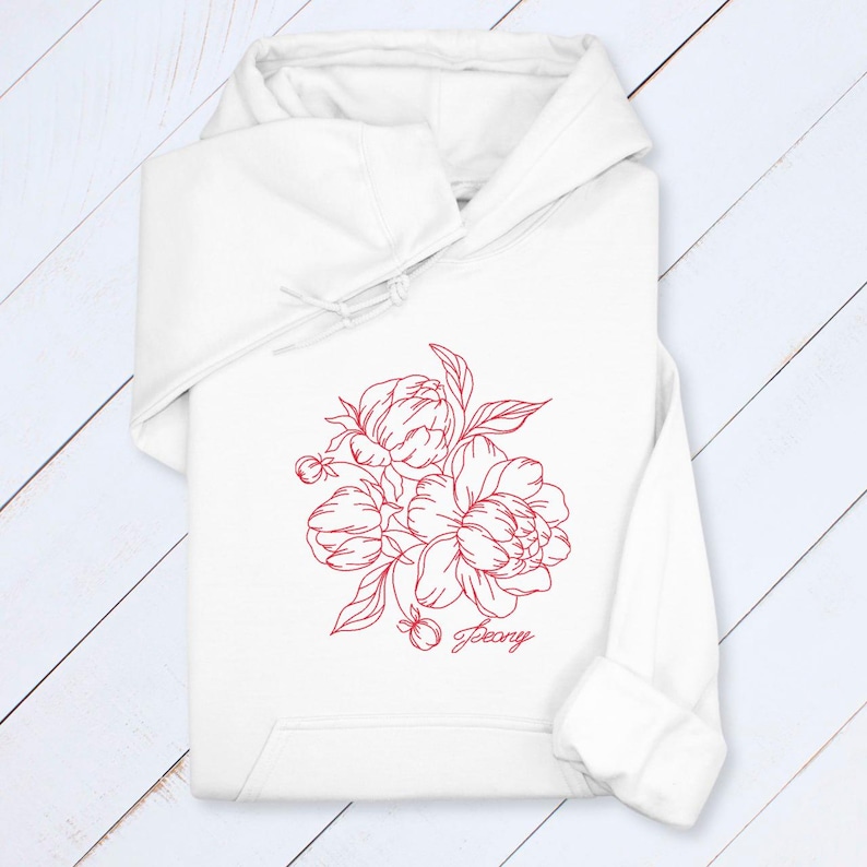 Embroidered Peony Hoodie: Custom Line Art Floral Sweatshirt White
