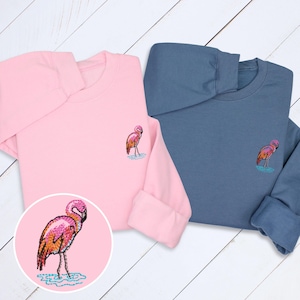 Flamingo Embroidered Hoodie & Sweatshirt, Minimalist Bird Pullover, Cute Tropical Embroidery, Gift for Nature Lovers, Flamingo Fans