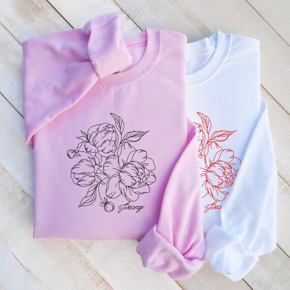 Embroidered Peony Hoodie: Custom Line Art Floral Sweatshirt