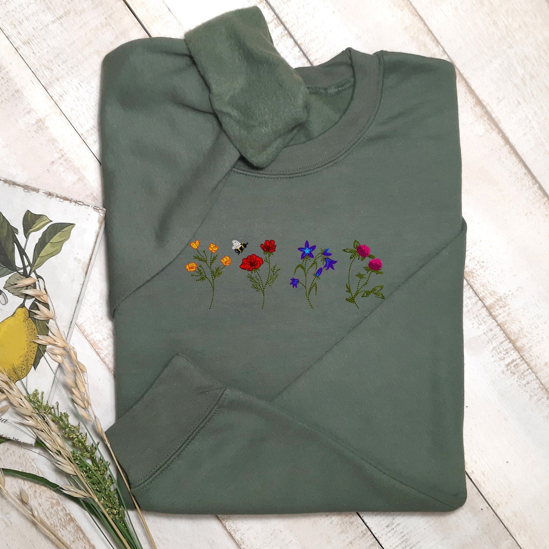 Flowers Embroidered Sweatshirt, Embroidered Floral Sweatshirt Unisex ...