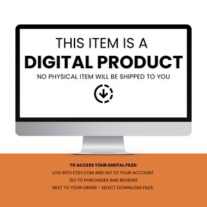 May include: A computer monitor displays the text "THIS ITEM IS A DIGITAL PRODUCT" in bold black font. Below, it states "NO PHYSICAL ITEM WILL BE SHIPPED TO YOU." Instructions on accessing digital files are also included.