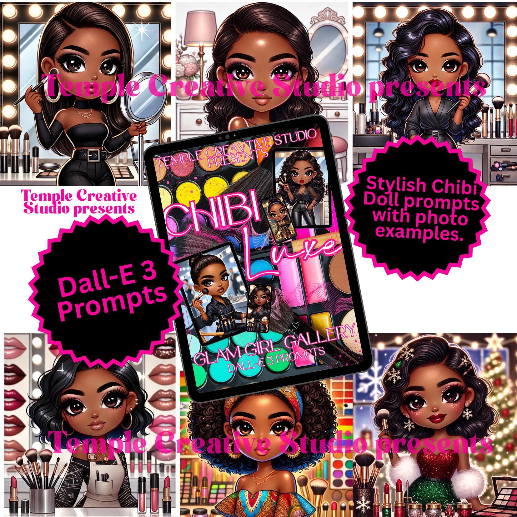 store product block Chibi Luxe Glam Girl Gallery Prompts | DALL·E 3 AI Art Generator Prompts | Black Girl Makeup Artist Style | Digital Download for Merch & Art poster