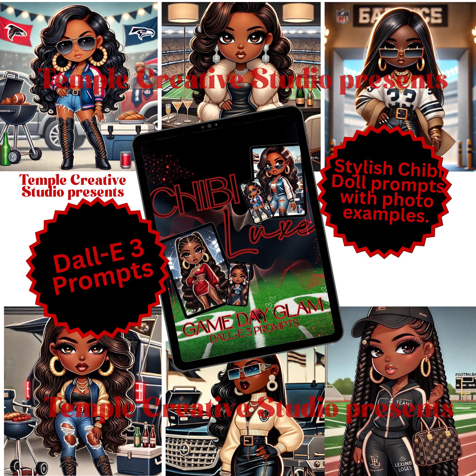 store product block Chibi Luxe Game Day Glam Prompts | DALL·E 3 AI Art Generator Prompts | Black Girl Chibi Style | Digital Download for Artists & Creators poster