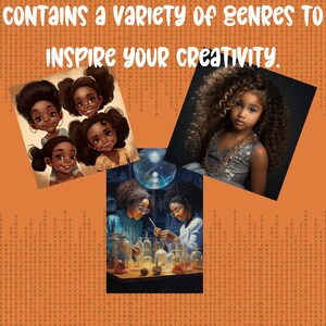 May include: An image with three illustrations and a photograph. The illustrations depict Black girls with various hairstyles. The photograph shows a young girl with curly hair and a necklace. The text reads: "CONTAINS a variety of genres TO INSPIRE YOUR CREATIVITY."