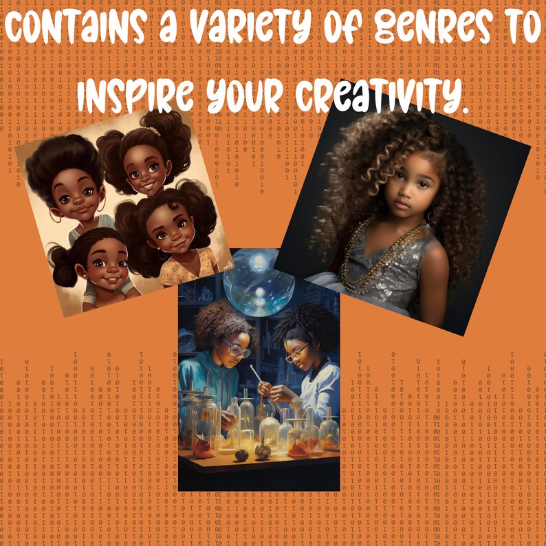 May include: An image with three illustrations and a photograph. The illustrations depict Black girls with various hairstyles. The photograph shows a young girl with curly hair and a necklace. The text reads: "CONTAINS a variety of genres TO INSPIRE YOUR CREATIVITY."
