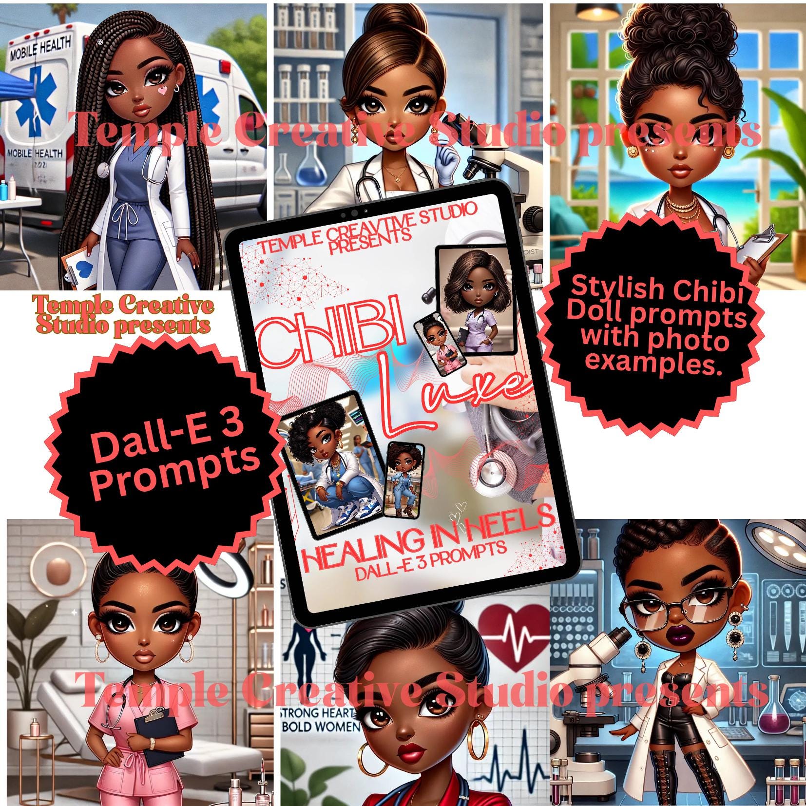 store product block Chibi Luxe Healing in Heels Prompts | DALL·E 3 AI Art Prompts for Black Nurses, Doctors & Healthcare Heroes | Digital Download poster