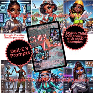 May include: A digital art collage featuring stylish Chibi doll prompts with photo examples. The image includes illustrations of women in various professions and settings, with text that reads "Temple Creative Studio presents" and "Dall-E 3 Prompts."