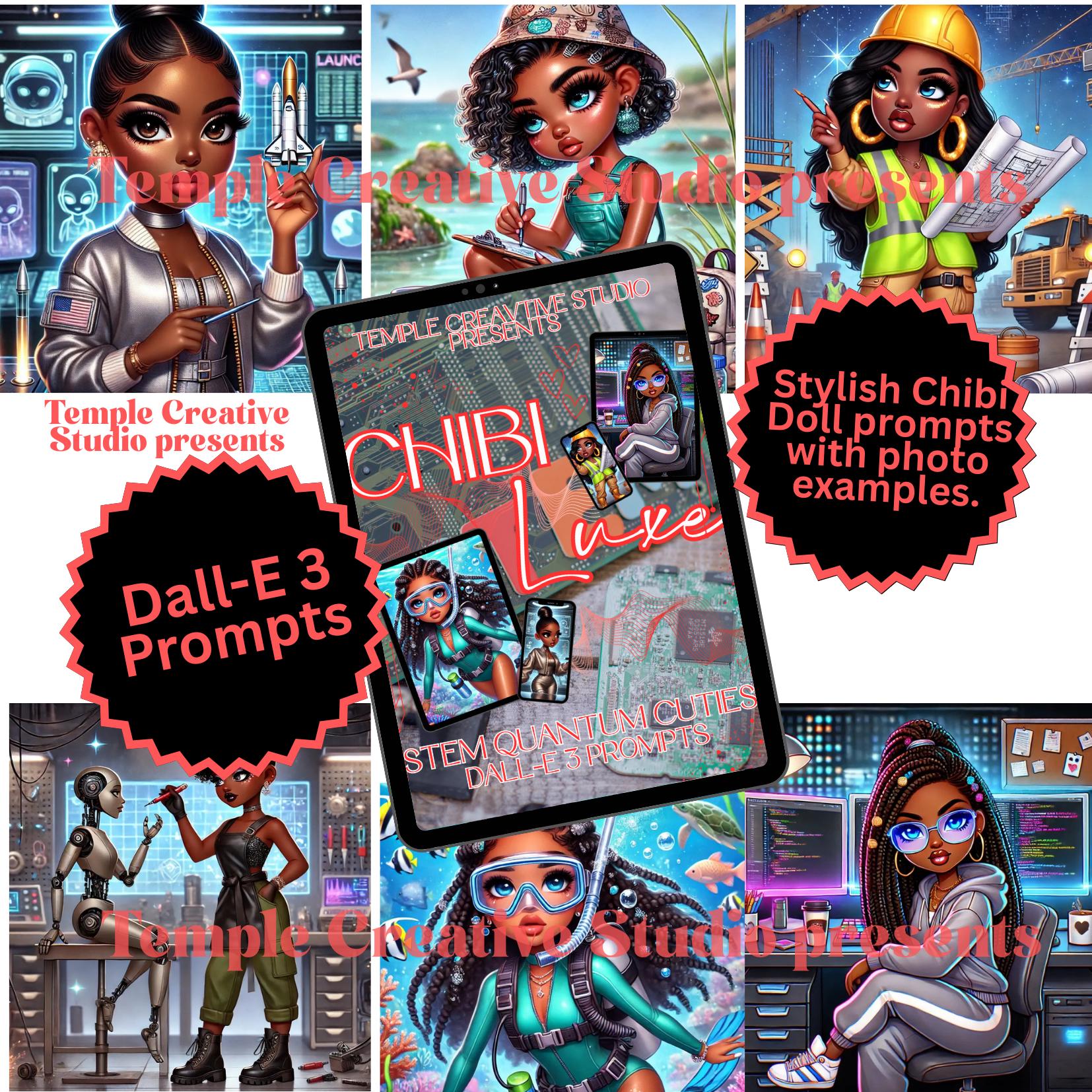 store product block Chibi Luxe STEM Quantum Cuties | DALL·E 3 AI Art Prompts | Black Women in Science, Tech, and Engineering | Digital Download poster