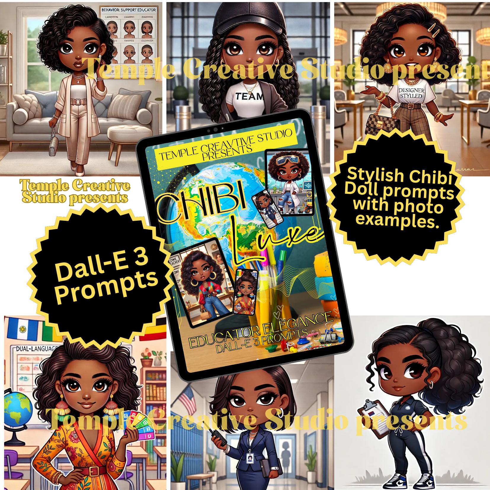 store product block Chibi Luxe Educator Elegance Prompts | DALL·E 3 AI Art Generator Prompts | Black Girl Teacher Style | Digital Download for Art & Merch poster
