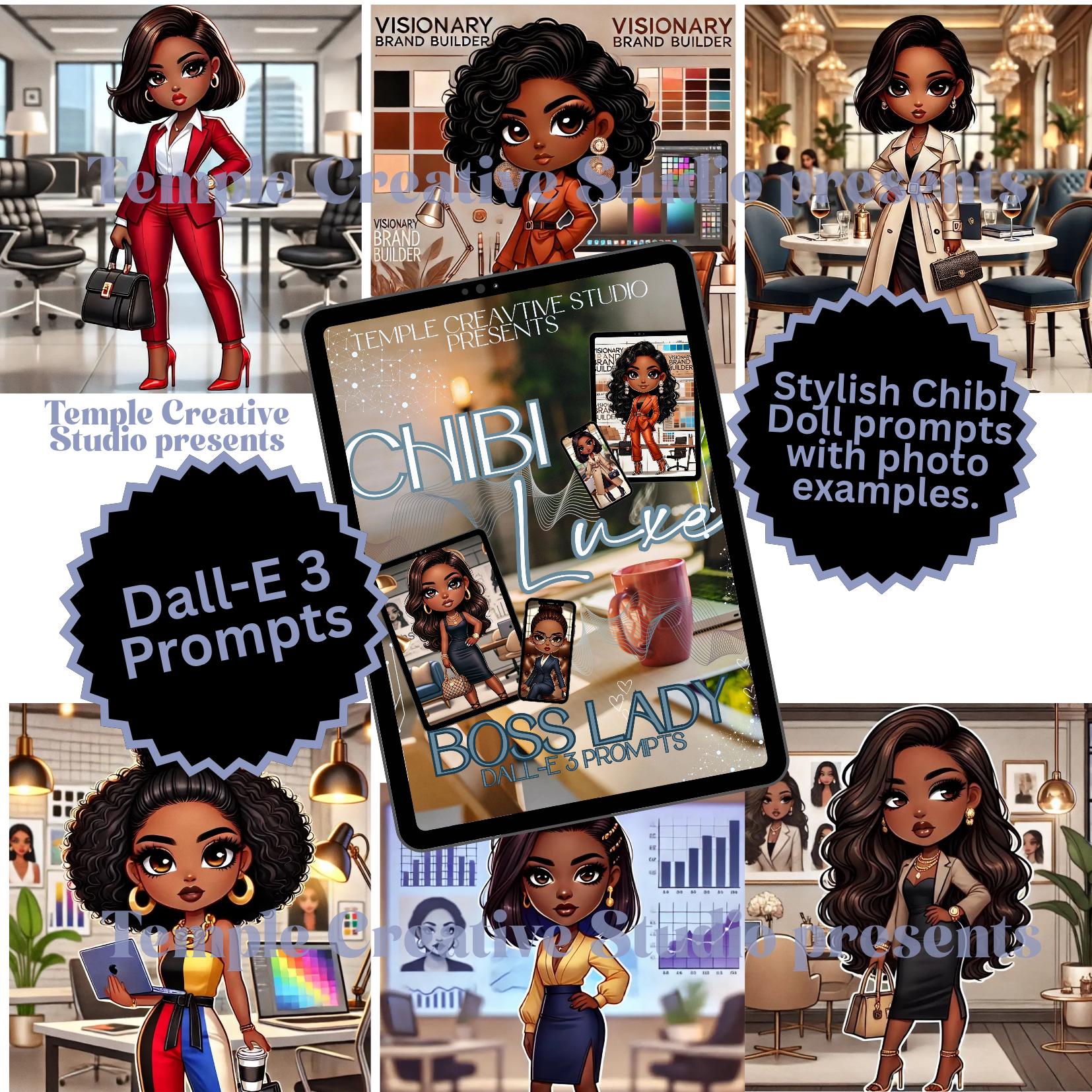 store product block Chibi Luxe Boss Lady Prompts | DALL·E 3 AI Art Generator Prompts | Black Girl CEO Chibi Style | Digital Download for Merch & Journals poster