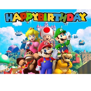 Super Mario Kids Birthday Party Photo Backdrop Decoration 5 x 3 Foot Size with Children&#39;s Favorite Characters Mario Luigi Peach Toad Bowser