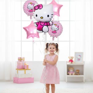 May include: A young girl holds a collection of pink Hello Kitty-themed balloons. The balloons include star and circular shapes, with the iconic character featured prominently. The girl wears a pink and white striped dress.