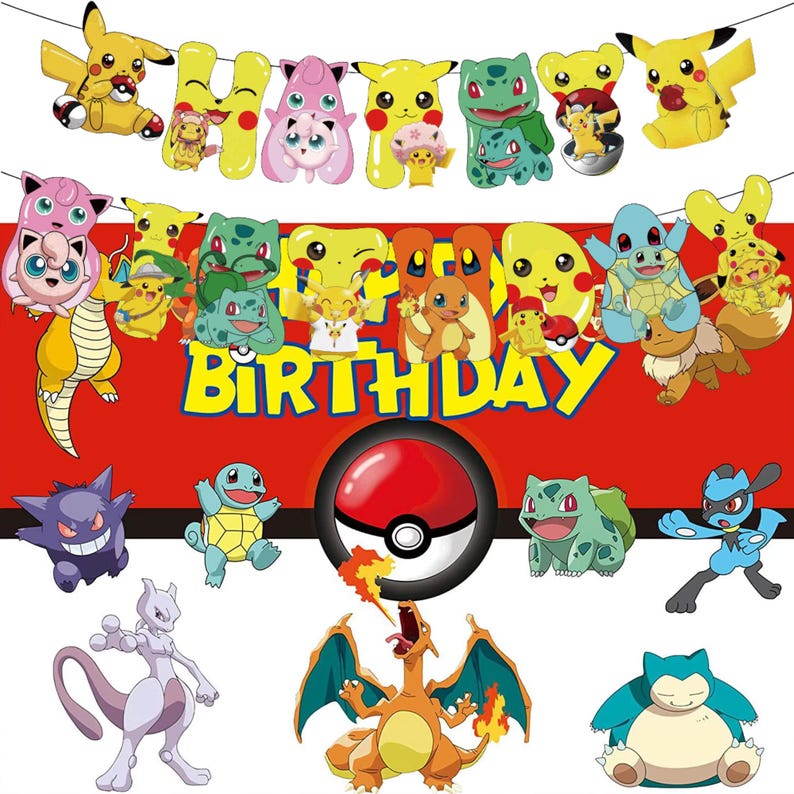 Pokemon Birthday Backdrop and Banner: Pikachu & Friends Party Decoration (3x5 ft) Version 4 and Banner