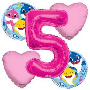 Baby Shark 5th Birthday Balloons Set Of 5 Pink Girls Baby Shark Party Balloon Decorations For a Children&#39;s Number Five Themed Balloon Decor