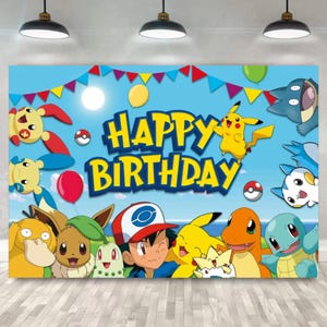 May include: A blue backdrop with the words "Happy Birthday" in yellow and blue, surrounded by cartoon characters and colorful balloons. The backdrop features a variety of characters, including Pikachu and other popular characters.