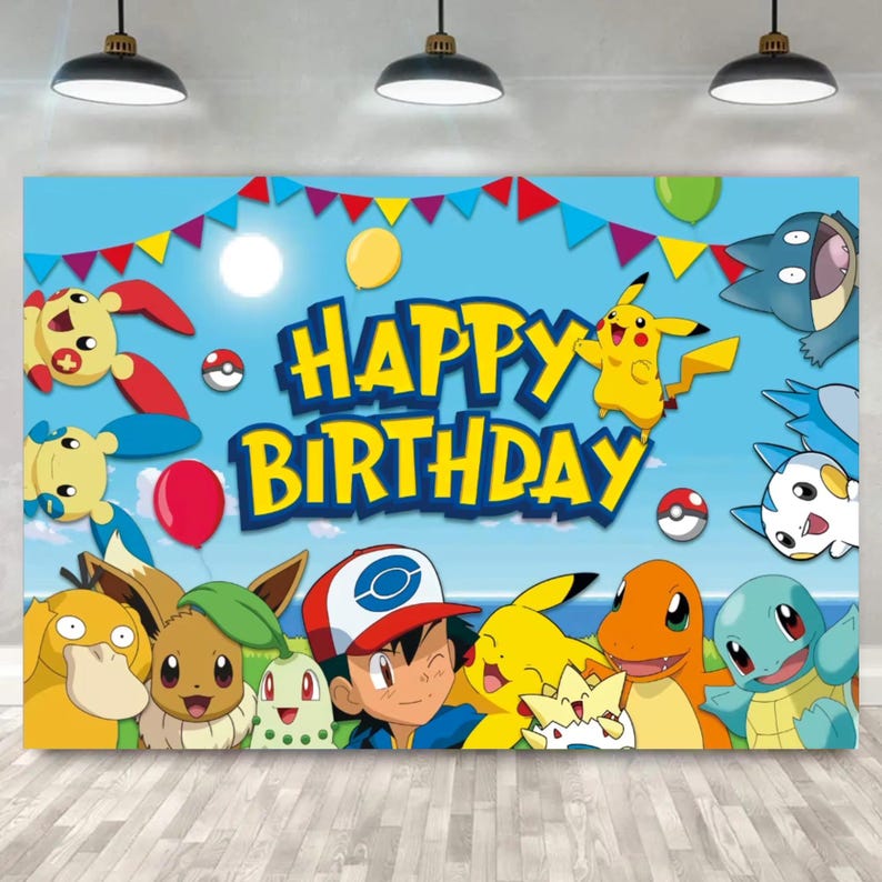 May include: A blue backdrop with the words "Happy Birthday" in yellow and blue, surrounded by cartoon characters and colorful balloons. The backdrop features a variety of characters, including Pikachu and other popular characters.