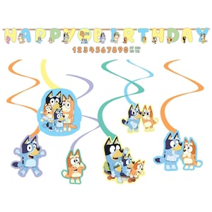 Bluey Theme Cartoon Kids Birthday Party Banner and 12 Hanging Swirls For a Kids Bluey Bingo Theme Birthday Decoration Licensed By Amscan