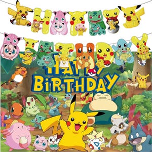Pokemon Birthday Backdrop and Banner: Pikachu & Friends Party Decoration (3x5 ft) Version 1 and Banner