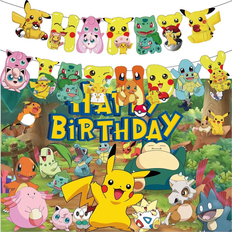 Pokemon Birthday Backdrop and Banner: Pikachu & Friends Party Decoration (3x5 ft) Version 1 and Banner