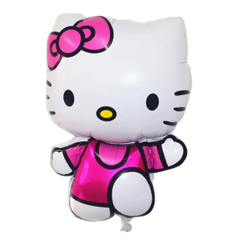 May include: A foil balloon in the shape of a cartoon cat, featuring a white head with a pink bow, black eyes, and a yellow nose. The cat wears a pink dress and has white arms and feet. The balloon is inflated and ready for a celebration.