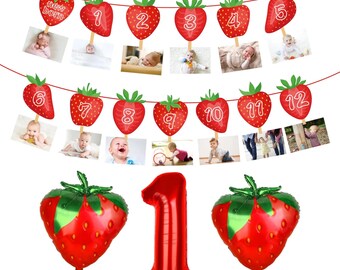 Baby&#39;s 1st Birthday Strawberry Balloons and Berry First Picture Banner Decor Set Celebrate Babies First Bday with Pictures and Berries Theme
