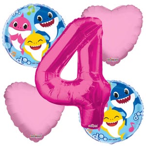 Baby Shark 4th Birthday Balloons Set Of 5 Pink Girls Baby Shark Party Balloon Decorations For a Children&#39;s Number Four Themed Balloon Decor