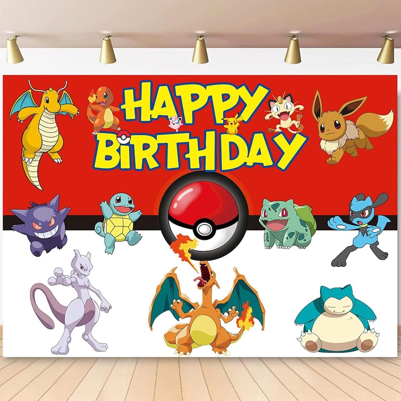 May include: A red and white backdrop featuring various Pok&eacute;mon characters and the text "HAPPY BIRTHDAY" in yellow. The design includes a large Pok&eacute; Ball and several animated creatures.