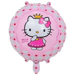 May include: A round pink foil balloon featuring Hello Kitty wearing a crown and dress. The balloon has a pink and white checkered pattern with red hearts. The words "Hello Kitty" are printed on the balloon.