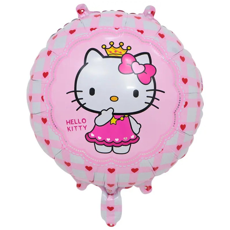 May include: A round pink foil balloon featuring Hello Kitty wearing a crown and dress. The balloon has a pink and white checkered pattern with red hearts. The words "Hello Kitty" are printed on the balloon.
