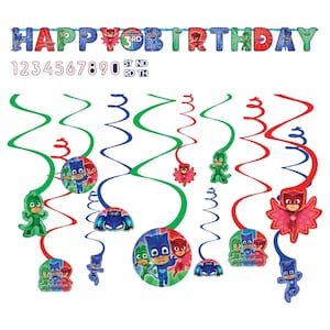 PJ Masks Cartoon Kids Birthday Party Banner and 12 Hanging Swirls For a Boys PJMasks Kids Theme Birthday Decoration Licensed By Amscan