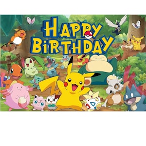 May include: A colorful birthday-themed graphic featuring the text "HAPPY BIRTHDAY" in yellow and blue. The image is filled with various cartoon characters, including a yellow Pikachu, set against a forest backdrop with butterflies.