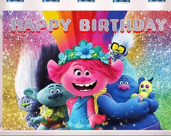 Trolls Birthday Backdrop 3x5 ft – Happy Birthday Vinyl Banner | Trolls Party Decorations | Kids Colorful Photo Booth Background