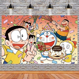Doraemon Cartoon Kids Party Photo Backdrop Decoration 5 x 3 Foot Size Banner Background with Children's Favorite Characters in Special Theme