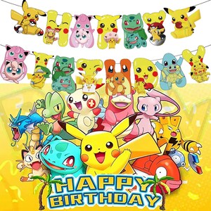 Pokemon Birthday Backdrop and Banner: Pikachu & Friends Party Decoration (3x5 ft) Version 3 and Banner