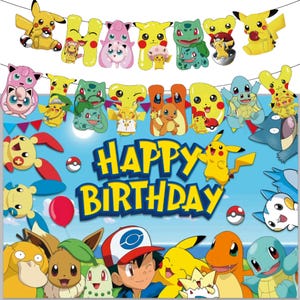 Pokemon Birthday Backdrop and Banner: Pikachu & Friends Party Decoration (3x5 ft) Version 2 and Banner