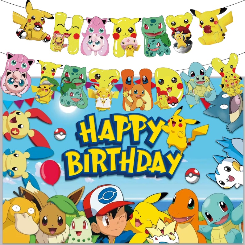 Pokemon Birthday Backdrop and Banner: Pikachu & Friends Party Decoration (3x5 ft) Version 2 and Banner