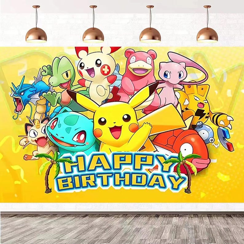 May include: A yellow birthday banner featuring various cartoon characters, including Pikachu, with the text "HAPPY BIRTHDAY" in blue and white. The banner has a yellow background with palm tree graphics.